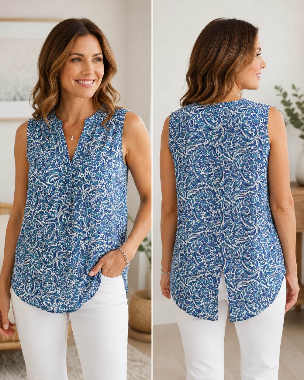 NWT Zac & Rachel Blue Paisley Sleeveless Blouse Split Back Topโ Size Small